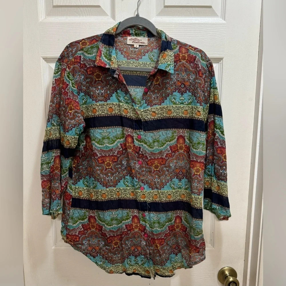 Antica Sartoria Italy Cotton Button Up Shirt Size 2 US Medium Boho Artsy